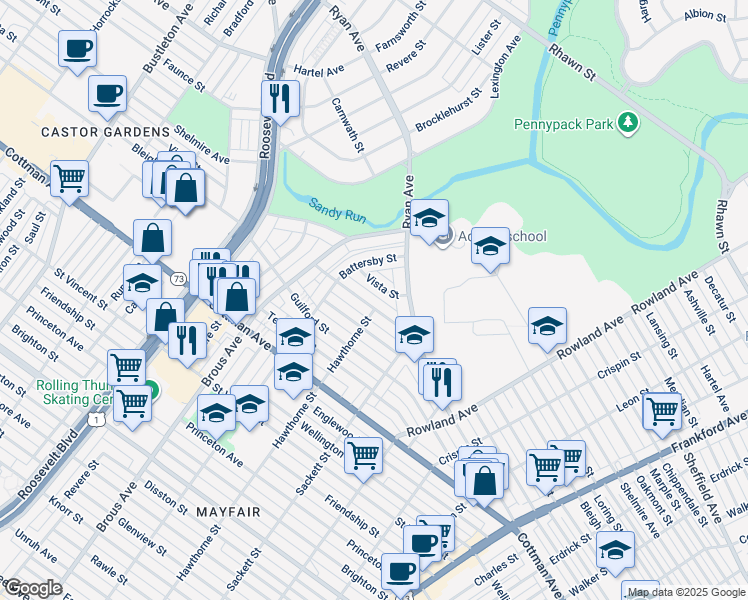 map of restaurants, bars, coffee shops, grocery stores, and more near 3035 Nesper Street in Philadelphia