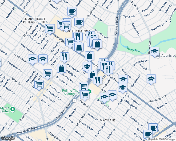 map of restaurants, bars, coffee shops, grocery stores, and more near 7228 Calvert Street in Philadelphia