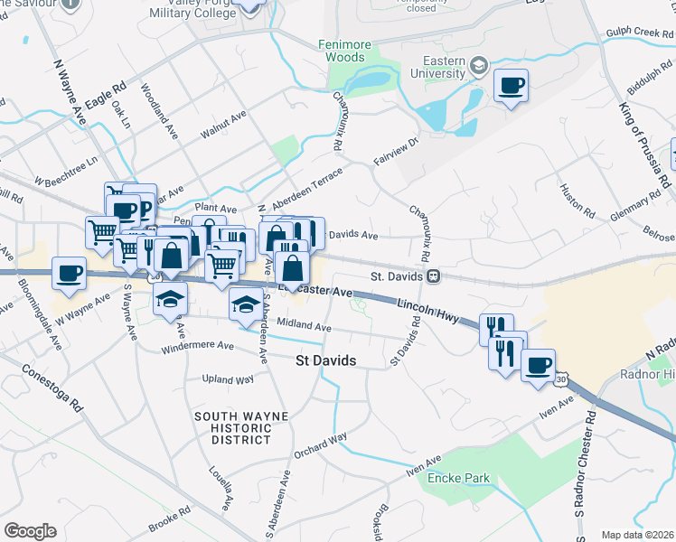 map of restaurants, bars, coffee shops, grocery stores, and more near 123 Iron Works Way in Wayne