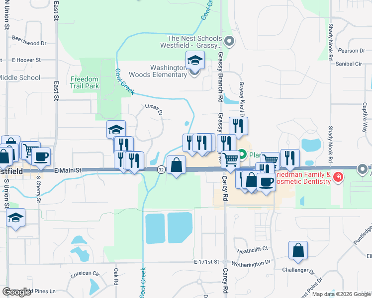 map of restaurants, bars, coffee shops, grocery stores, and more near 17651 Shaelynn Court in Westfield