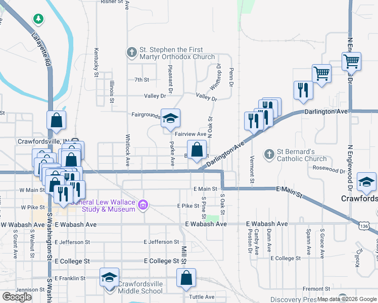 map of restaurants, bars, coffee shops, grocery stores, and more near 907 Cottage Avenue in Crawfordsville