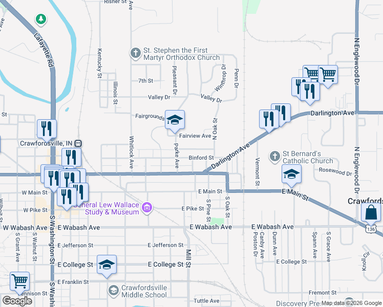 map of restaurants, bars, coffee shops, grocery stores, and more near 802 Binford Street in Crawfordsville