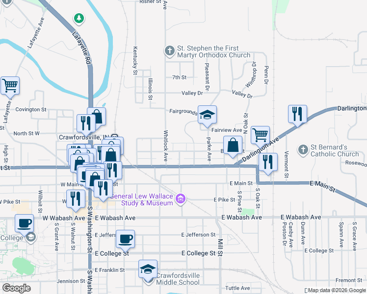map of restaurants, bars, coffee shops, grocery stores, and more near 600 Binford Street in Crawfordsville