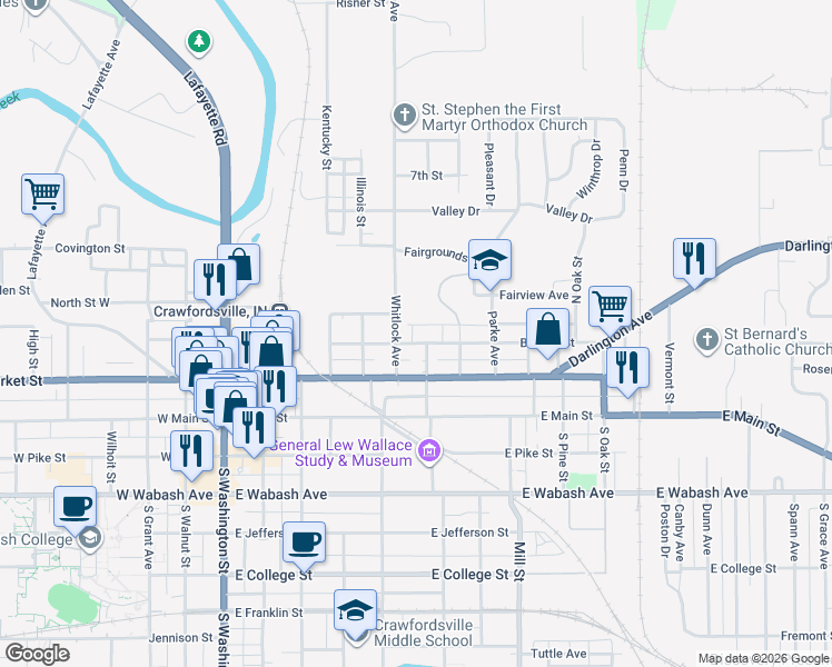 map of restaurants, bars, coffee shops, grocery stores, and more near 600 Binford Street in Crawfordsville
