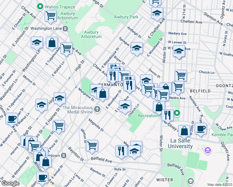map of restaurants, bars, coffee shops, grocery stores, and more near 731 East Woodlawn Street in Philadelphia