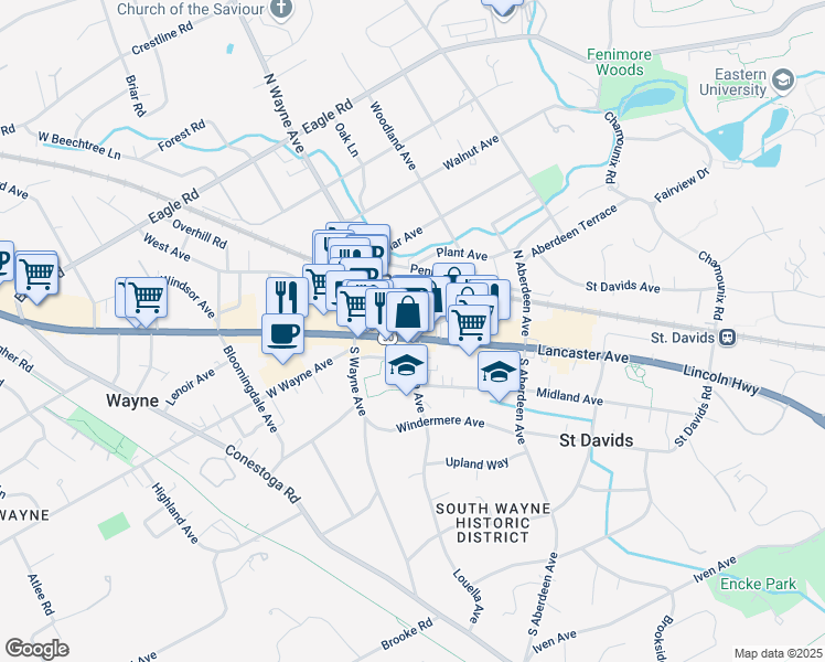 map of restaurants, bars, coffee shops, grocery stores, and more near 165 East Lancaster Avenue in Wayne