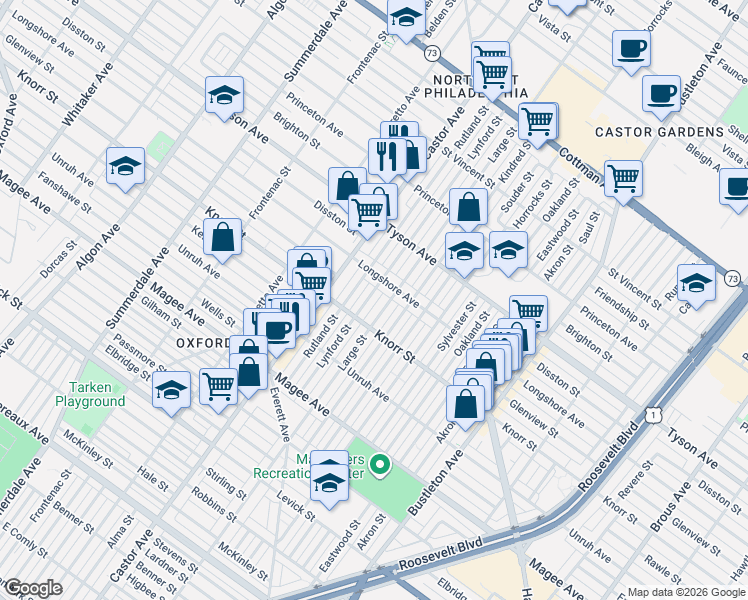 map of restaurants, bars, coffee shops, grocery stores, and more near 6820 Large Street in Philadelphia
