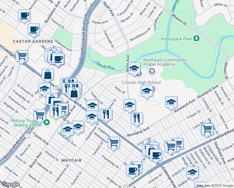 map of restaurants, bars, coffee shops, grocery stores, and more near 3035 Nesper Street in Philadelphia