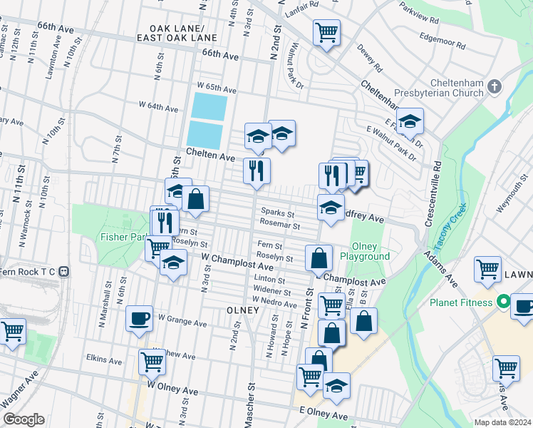 map of restaurants, bars, coffee shops, grocery stores, and more near 176 Sparks Street in Philadelphia