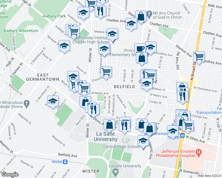 map of restaurants, bars, coffee shops, grocery stores, and more near 5928 Kemble Avenue in Philadelphia