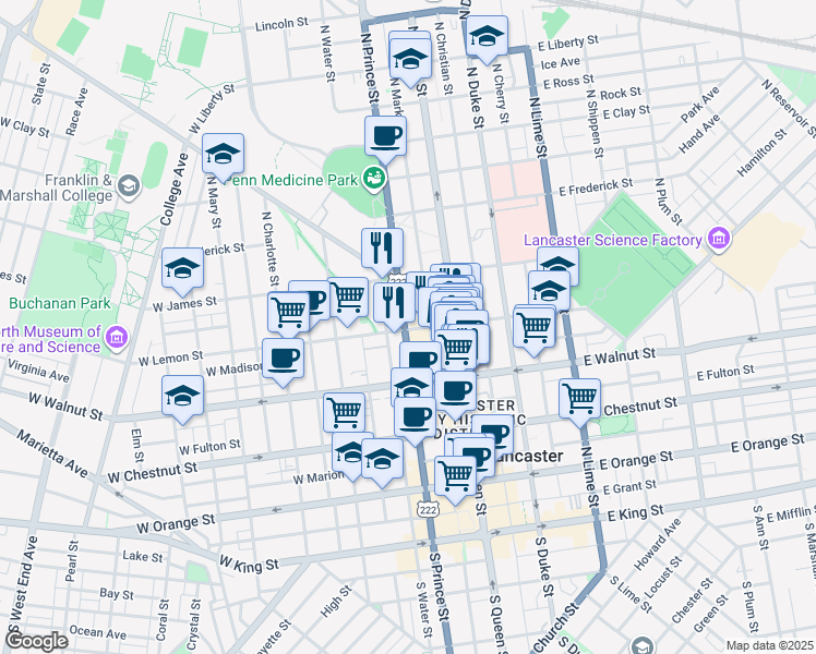 map of restaurants, bars, coffee shops, grocery stores, and more near 351 North Market Street in Lancaster