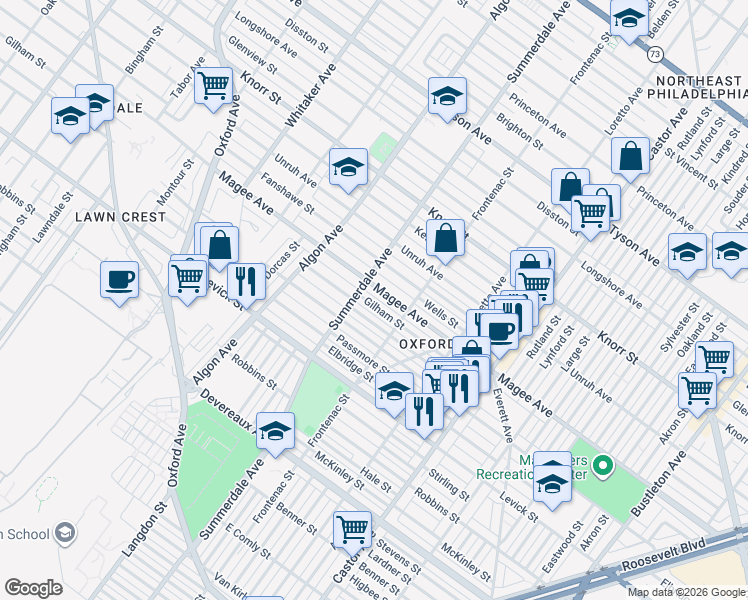 map of restaurants, bars, coffee shops, grocery stores, and more near 1237 Gilham Street in Philadelphia