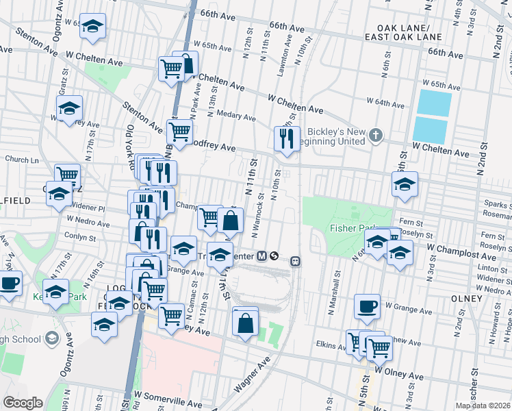 map of restaurants, bars, coffee shops, grocery stores, and more near 6007 North 11th Street in Philadelphia