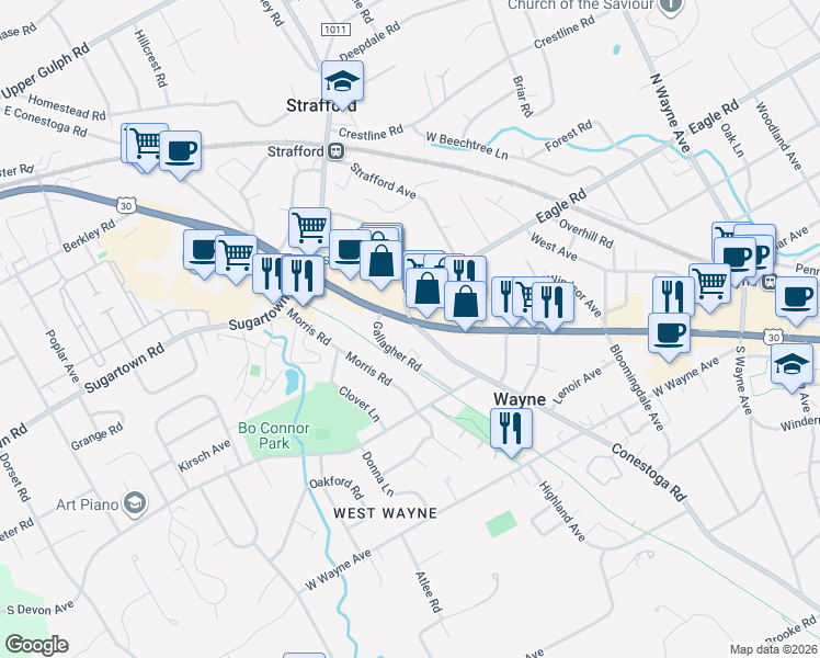 map of restaurants, bars, coffee shops, grocery stores, and more near 100 Conestoga Road in Wayne