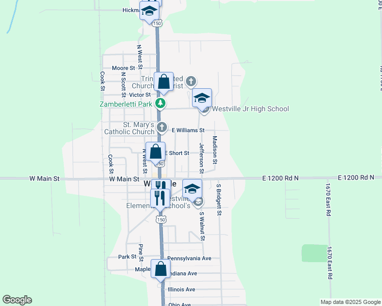map of restaurants, bars, coffee shops, grocery stores, and more near 201 Adams Street in Westville