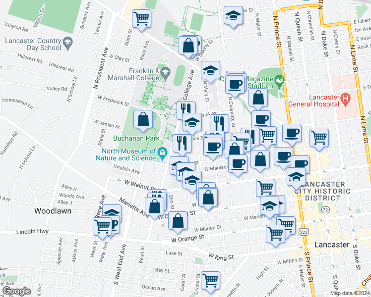 map of restaurants, bars, coffee shops, grocery stores, and more near 443 Nevin Street in Lancaster