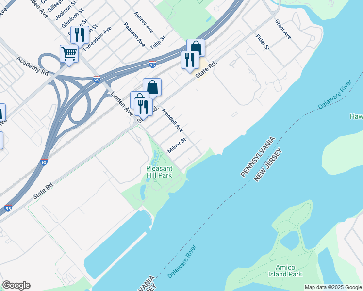 map of restaurants, bars, coffee shops, grocery stores, and more near 9231 Milnor Street in Philadelphia