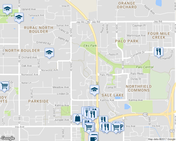 map of restaurants, bars, coffee shops, grocery stores, and more near 3815 Northbrook Drive in Boulder