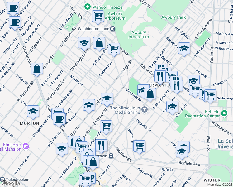 map of restaurants, bars, coffee shops, grocery stores, and more near 461 East Haines Street in Philadelphia