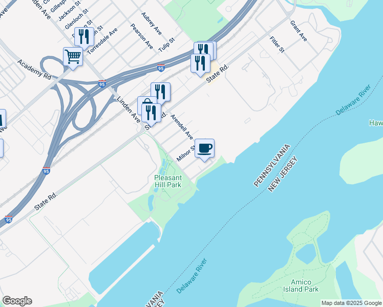 map of restaurants, bars, coffee shops, grocery stores, and more near 9231 Milnor Street in Philadelphia