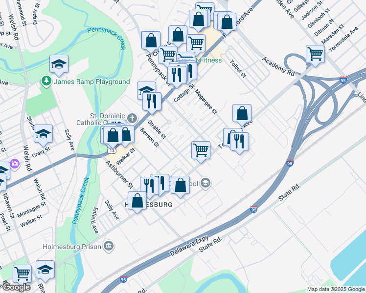 map of restaurants, bars, coffee shops, grocery stores, and more near 8614 Ditman Street in Philadelphia