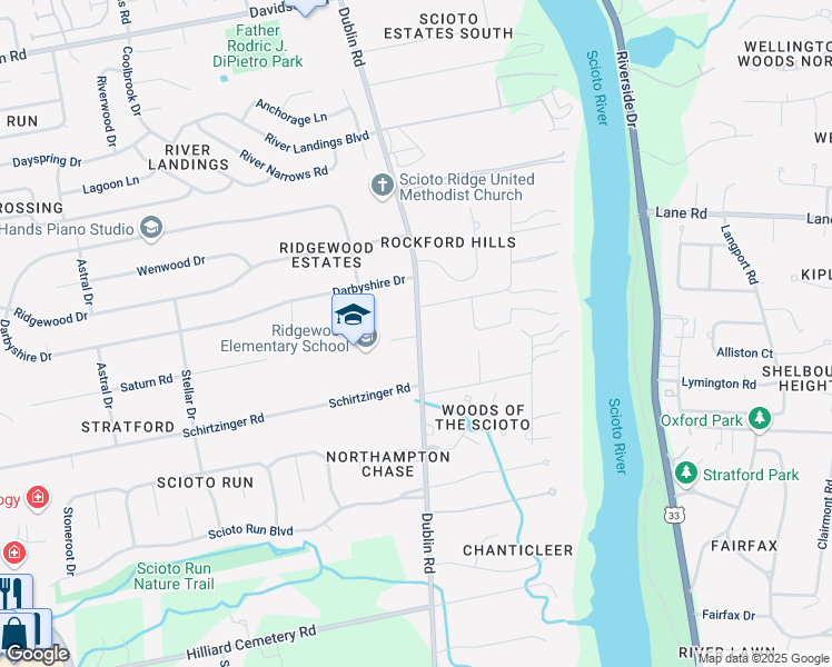 map of restaurants, bars, coffee shops, grocery stores, and more near 4237 Dublin Road in Hilliard