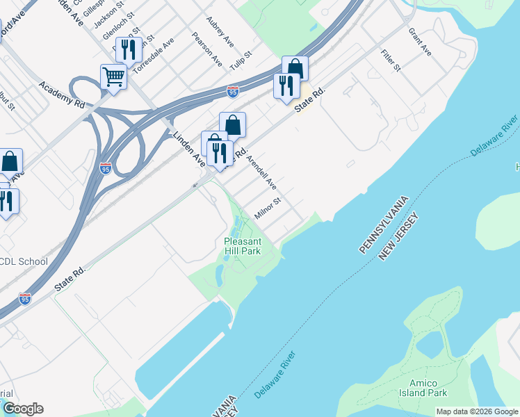map of restaurants, bars, coffee shops, grocery stores, and more near 5123 Linden Avenue in Philadelphia