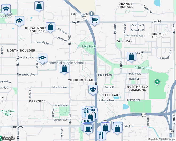 map of restaurants, bars, coffee shops, grocery stores, and more near 3825 Northbrook Drive in Boulder