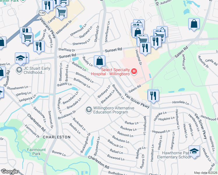 map of restaurants, bars, coffee shops, grocery stores, and more near 26 Birdseye Lane in Willingboro