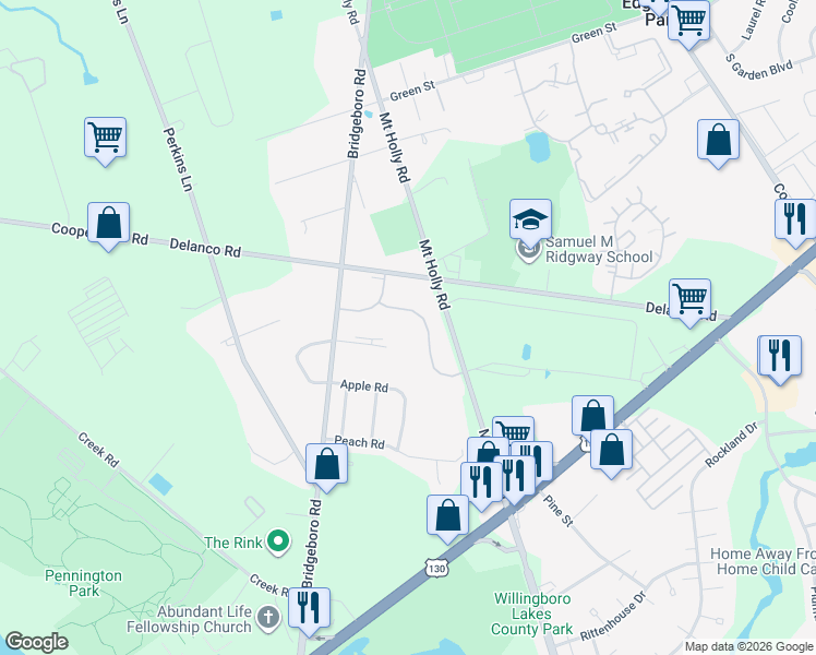 map of restaurants, bars, coffee shops, grocery stores, and more near Cooper Valley Village Road in Edgewater Park