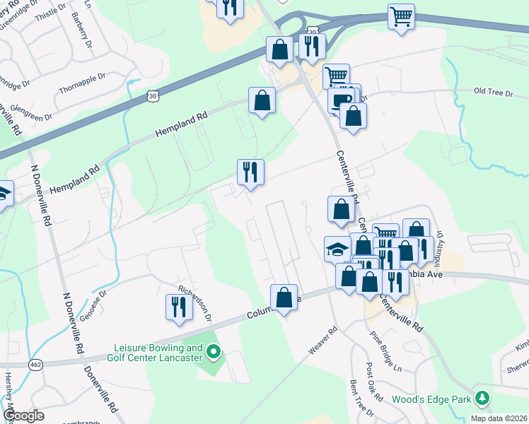 map of restaurants, bars, coffee shops, grocery stores, and more near 83 Madge Drive in Lancaster