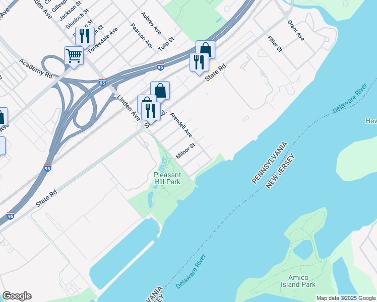 map of restaurants, bars, coffee shops, grocery stores, and more near 9225 Milnor Street in Philadelphia