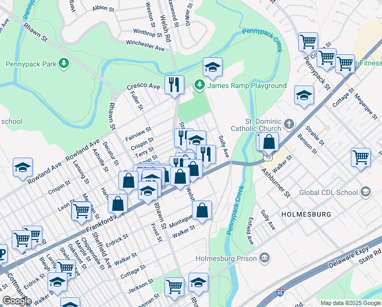 map of restaurants, bars, coffee shops, grocery stores, and more near 3522 Stanwood Street in Philadelphia
