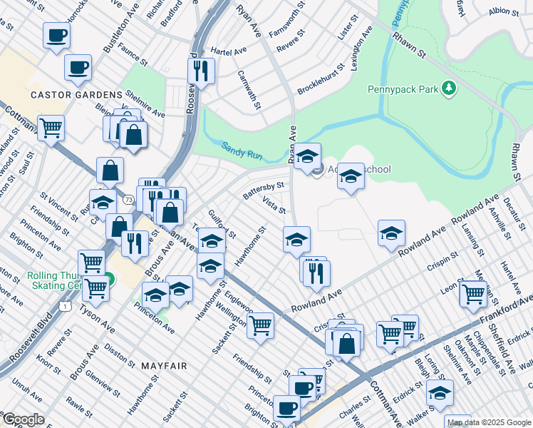 map of restaurants, bars, coffee shops, grocery stores, and more near 3033 Nesper Street in Philadelphia