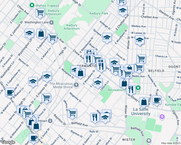 map of restaurants, bars, coffee shops, grocery stores, and more near 729 East Woodlawn Street in Philadelphia