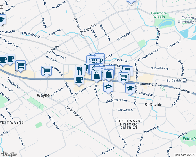 map of restaurants, bars, coffee shops, grocery stores, and more near 118 West Lancaster Avenue in Wayne