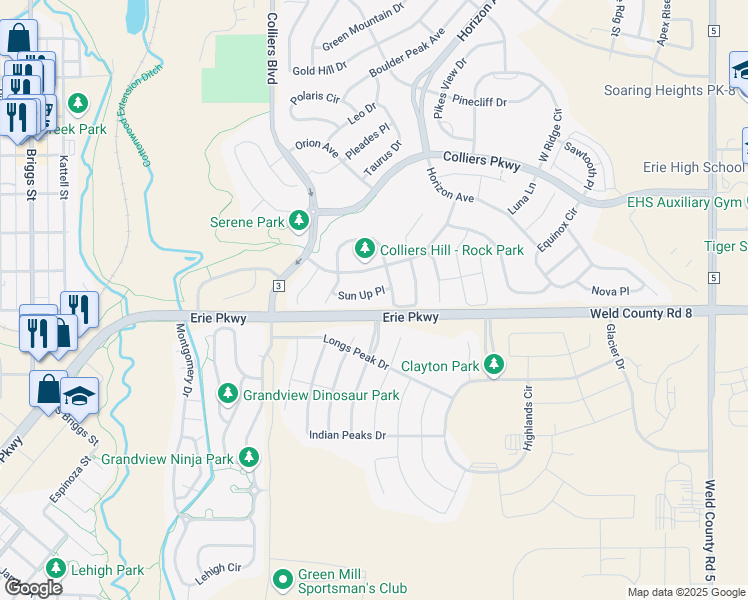 map of restaurants, bars, coffee shops, grocery stores, and more near 670 Sun Up Place in Erie
