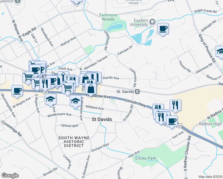 map of restaurants, bars, coffee shops, grocery stores, and more near 334 Iron Works Way in Wayne