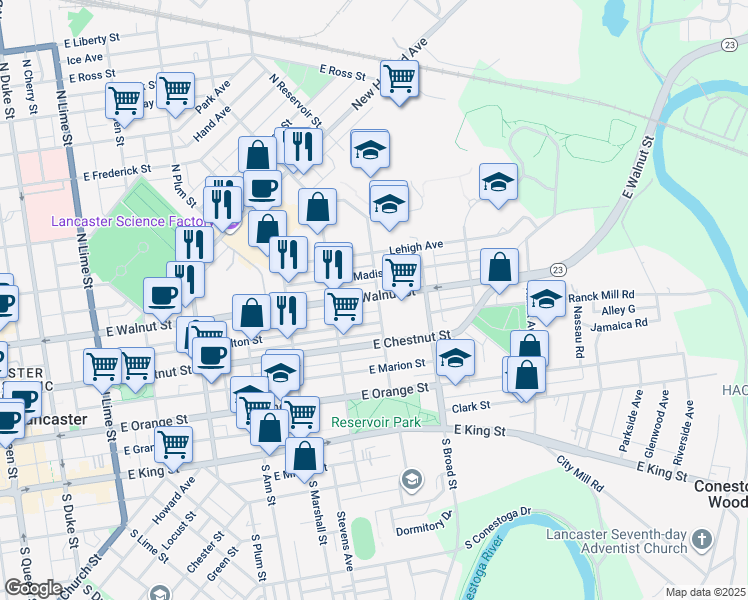 map of restaurants, bars, coffee shops, grocery stores, and more near 254 North Reservoir Street in Lancaster