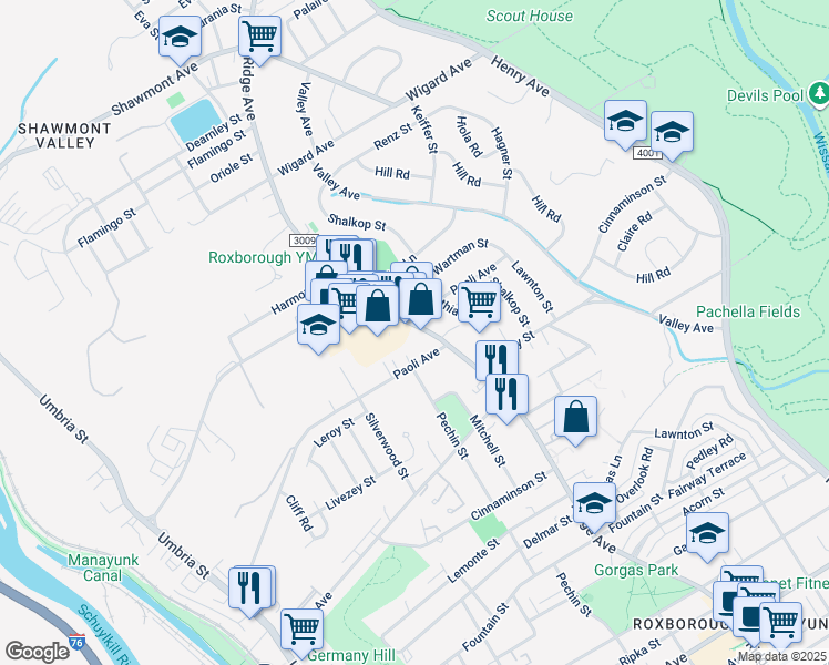 map of restaurants, bars, coffee shops, grocery stores, and more near 6901 Ridge Avenue in Philadelphia