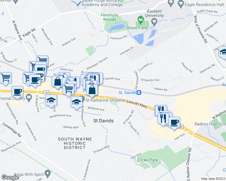 map of restaurants, bars, coffee shops, grocery stores, and more near 221 Iron Works Way in Wayne