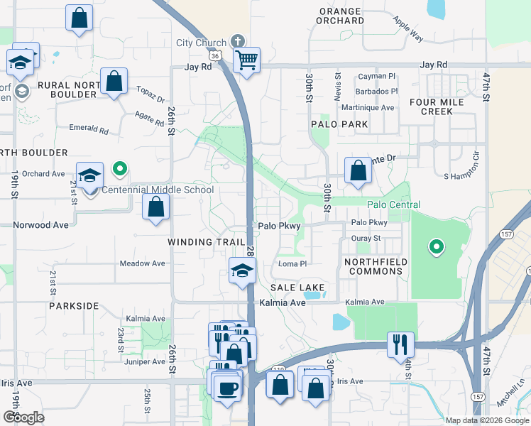 map of restaurants, bars, coffee shops, grocery stores, and more near 3835 Paseo Del Prado Street in Boulder