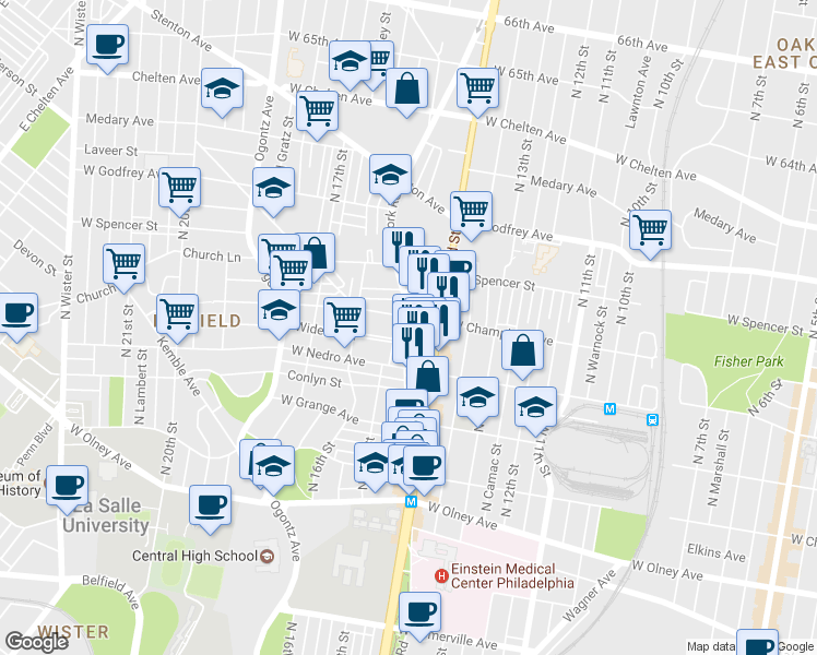 map of restaurants, bars, coffee shops, grocery stores, and more near 5942 Old York Road in Philadelphia
