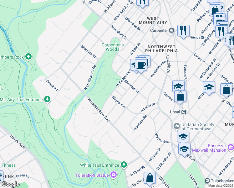map of restaurants, bars, coffee shops, grocery stores, and more near 6910 Henley Street in Philadelphia