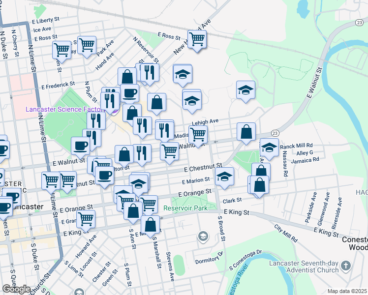 map of restaurants, bars, coffee shops, grocery stores, and more near 254 North Reservoir Street in Lancaster