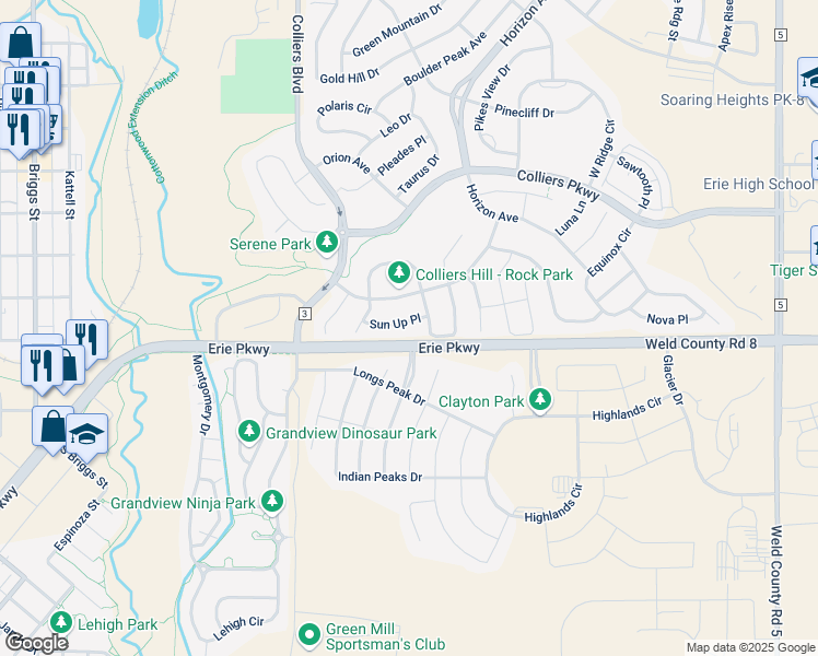 map of restaurants, bars, coffee shops, grocery stores, and more near 680 Sun Up Place in Erie