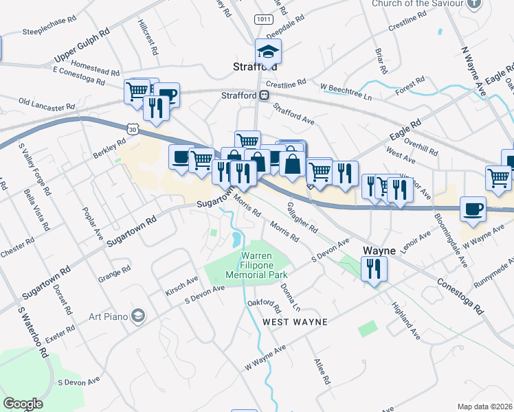map of restaurants, bars, coffee shops, grocery stores, and more near 414 Morris Road in Wayne