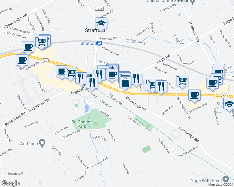 map of restaurants, bars, coffee shops, grocery stores, and more near 500 Lancaster Avenue in Wayne