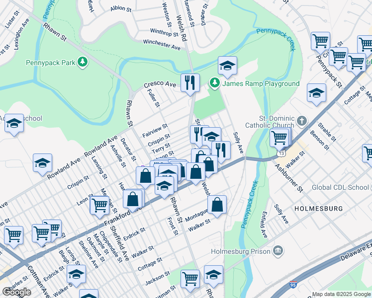 map of restaurants, bars, coffee shops, grocery stores, and more near 8135 Leon Street in Philadelphia