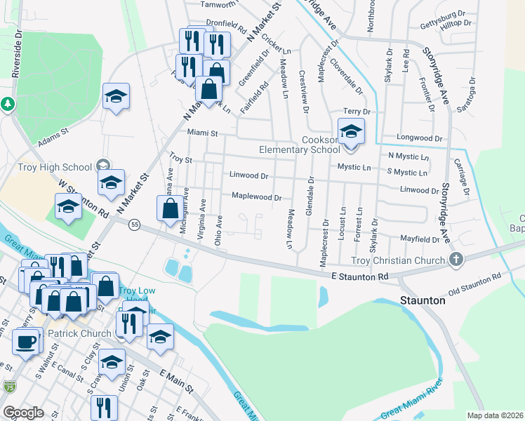 map of restaurants, bars, coffee shops, grocery stores, and more near 580 Staunton Commons Drive in Troy